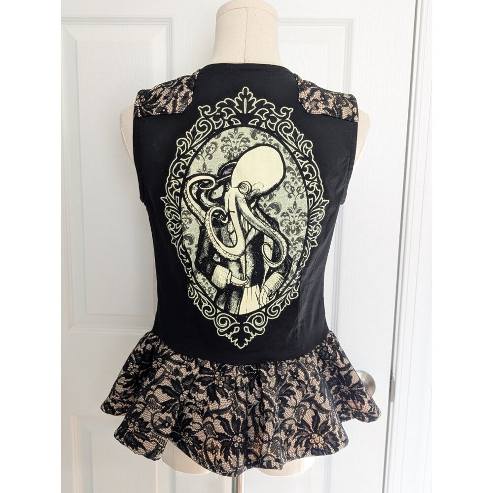 Too Fast Black Lace-Peplum Octopus Graphic Tank